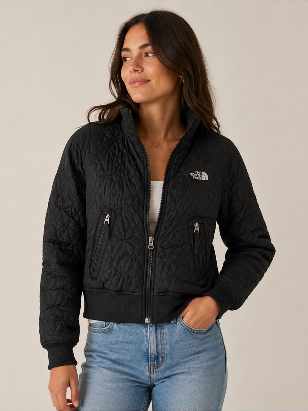 The North Face Quilted Soft Zipped Crop Black Jacket Size XS Pockets